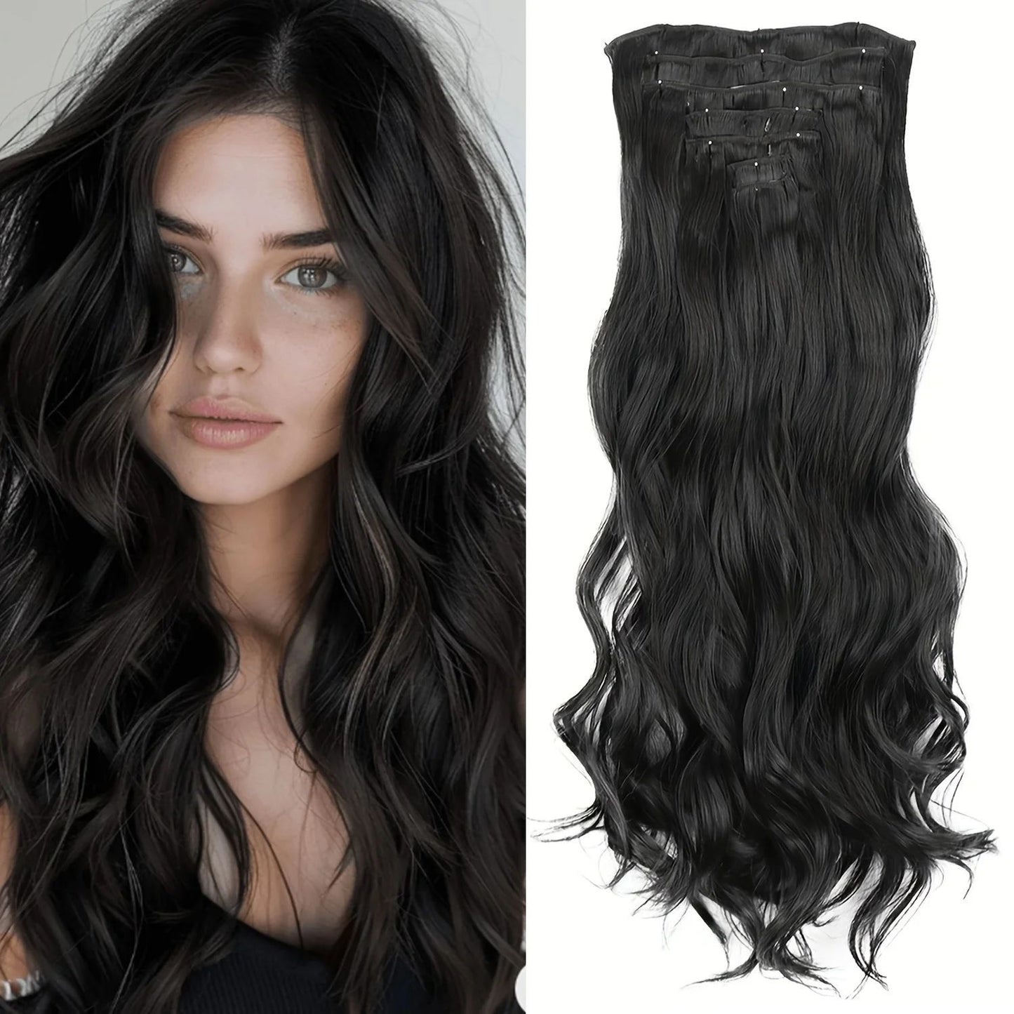 7 peças/conjunto de aplique de cabelo com 16 grampos, preto, longo e liso, cabelo natural, aplique de cabelo ombre, fibra resistente ao calor para penteado feminino
