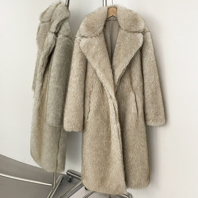 Mueyeruho 2025 Winter Women Faux Fur Jacket Coat Solid Khaki Long Sleeve Thick Warm Overcoat Outwear Fluffy Coat For Women