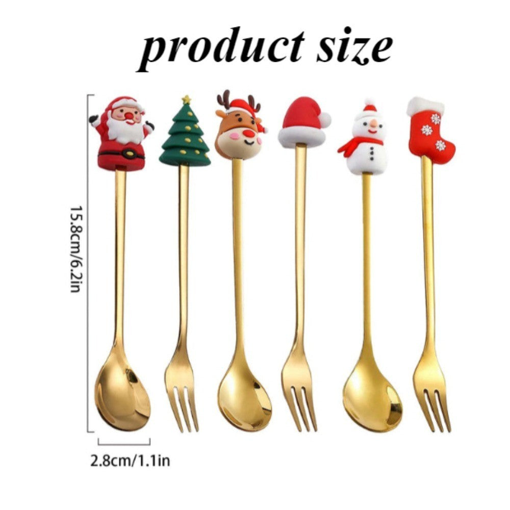 Conjunto 6 Peças de Garfos e Colheres Papai Noel Árvore de Natal Aço Inoxidável Colher de Café Sobremesa Utensílios de Mesa para Festa de Natal Presente Requintado