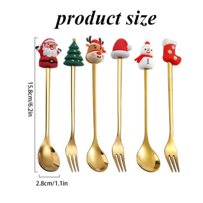 Conjunto 6 Peças de Garfos e Colheres Papai Noel Árvore de Natal Aço Inoxidável Colher de Café Sobremesa Utensílios de Mesa para Festa de Natal Presente Requintado