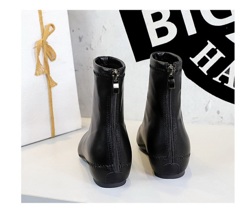 Retro European American Style Versatile Low Heel Heel Heightened Metal Pointed Iron Head Short Tube Women's Boots Short Boots