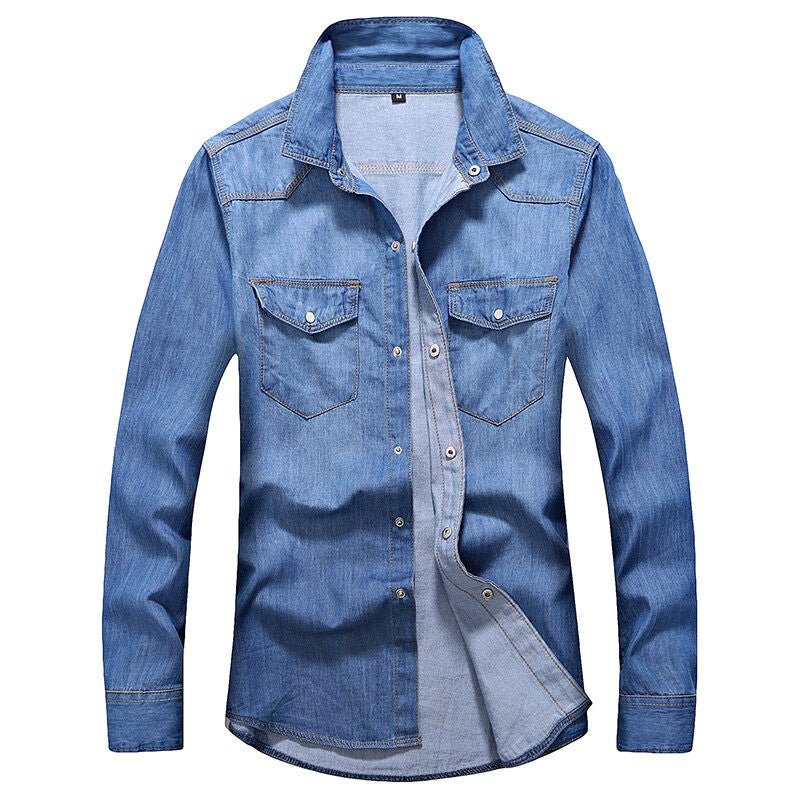 2025 Spring Men Slim Fit Denim Shirts Men Casual Solid Color Long Sleeve Cotton Shirts Male Jeans Shirt Fashion Cowboy Shirt 4XL