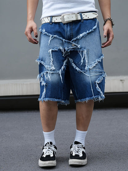 Men's tattered denim shorts with adhesive tape