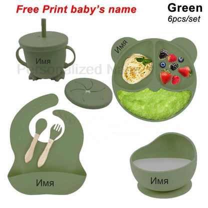 Personalized Name Tableware For Kids Silicone Suction Cup Plate Bowl Baby Feeding Set Children Dinner Dishes Bowl Spoon Cup