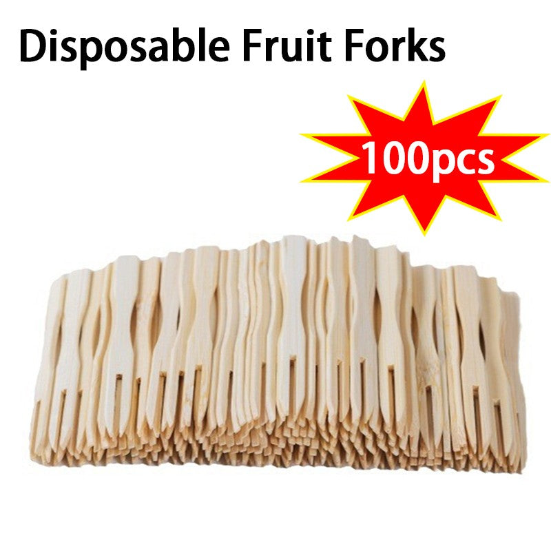 100 unidades de garfo de frutas de bambu descartável de madeira, palito de dente de frutas, conjunto de garfos de sobremesa, utensílios de mesa para festas em casa, garfos descartáveis SGC02