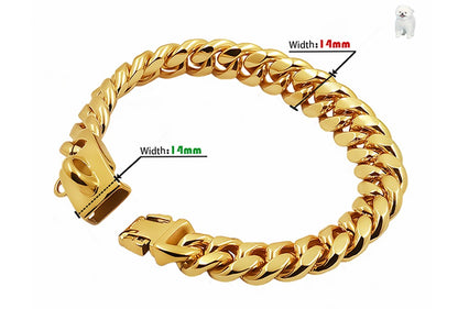 Coleira de Metal para Cães Aço Inoxidável Choker para Pets Corrente Cubana Dourada 14mm de Largura Guia para Cães Pequenos, Médios e Grandes Acessórios para Pets