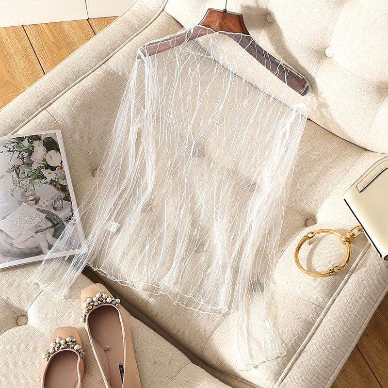 Lace Sheer Women‘s T-Shirt Fashion Mesh Summer Thin Bottom Shirt Transparent Long Sleeve Blouses Ladies Tops High Neck Tee Soli