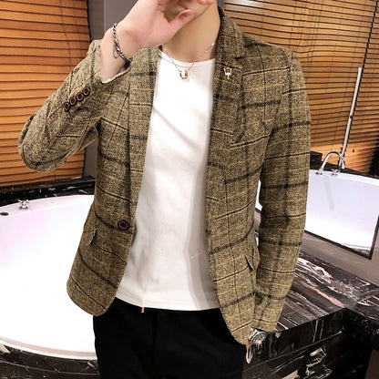 2025 New Men's Casual Plaid Suit Jacket Male Linen Plaid Business Self-cultivation Wedding Dress Party Suit Coat Plus Size S-5XL