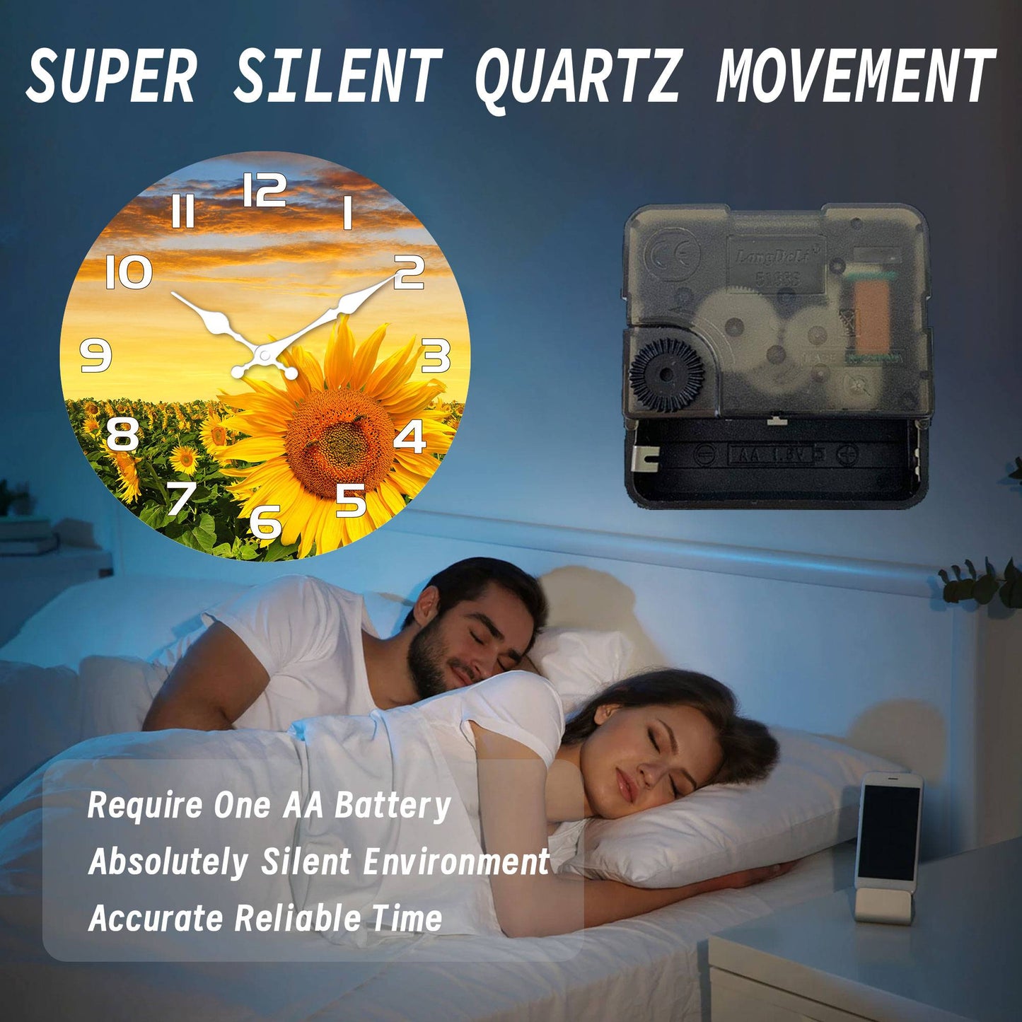 1pc wooden wall clock, Sunflower Garden design wall clock at sunset, round silent clock, for living room bedroom, room decoratio