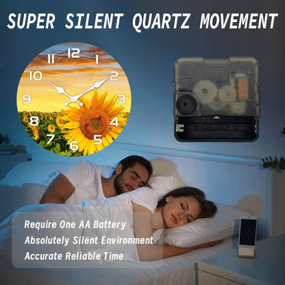 1pc wooden wall clock, Sunflower Garden design wall clock at sunset, round silent clock, for living room bedroom, room decoratio