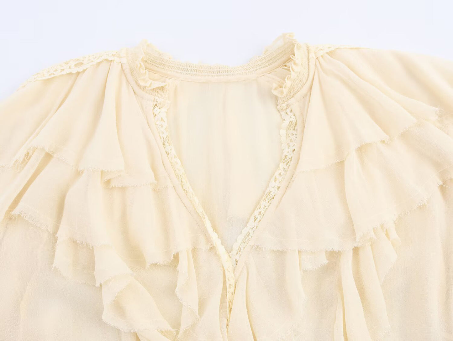 ZEAINS Beige French V-neck lace ruffle court style chiffon long sleeved shirt top for women in autumn