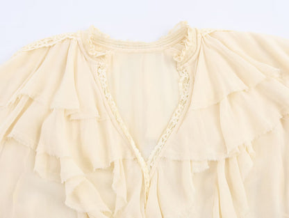 ZEAINS Beige French V-neck lace ruffle court style chiffon long sleeved shirt top for women in autumn