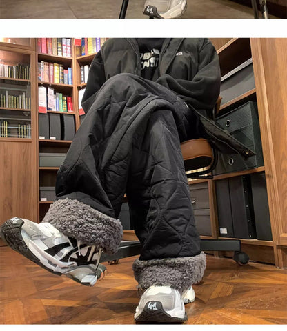 Heavy Winter Cotton Waterproof Splicing Lamb Fleece Cotton Pants for Men and Women, Solid Color Diamond Grid Embroidered Clip Co