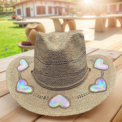 Suncatcher Cowgirl Straw Prism Hat Cowboy Hat Handmade Weave Women Straw Cap Wide Brim Women's Fashion Sun Hat for Summer Beach