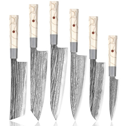Conjunto de Facas de Chef, Conjunto de Facas de Cozinha Damasco Japonês de 6 Peças, Conjunto de Facas de Chef Profissionais de Aço Premium de 67 Camadas, com Cabo de Resina de Malha Branca