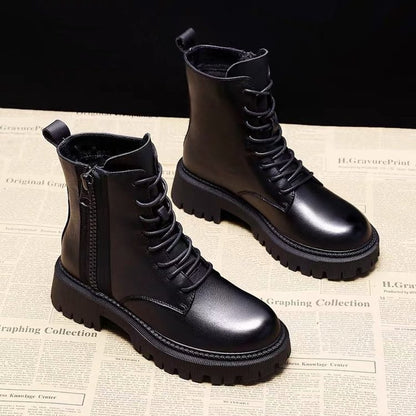 Autumn new mid length Boots Black anti slip trendy Footwear  Fashion laceup boots Ladies thick heeled casual shoes Botas Zapatos