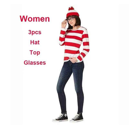 Wheres Waldo Striped Shirt Youth Boys Wally Costume Shirt Glasses and Hat Socks Unisex Adults Carnival Cosplay Costume