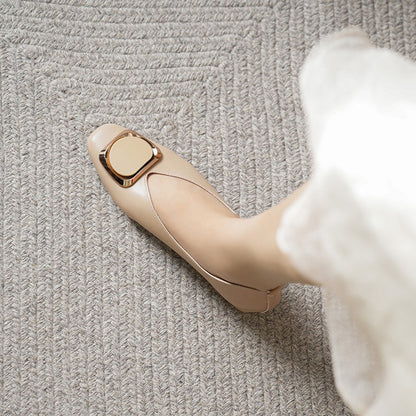 Woman Summer Casual Square Toe Cute Metal Mary Janes Buckle Ballerina Flats Female Bling Elegant Low Heeled Soft Soled Shoes