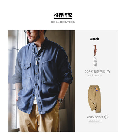 Maden Vintage Denim Shirt for Men's Spring Lightweight CPO Long Sleeve Shirt Lyocell Casual Thin Blue Lapel Collar Blouse