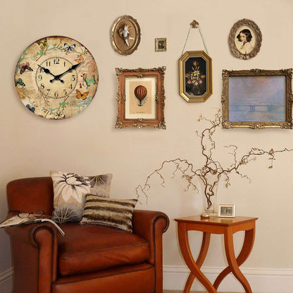 1pc 10-16inch wooden wall clock, retro flower and colorful butterfly design wall clock, silent clock, suitable for living room b