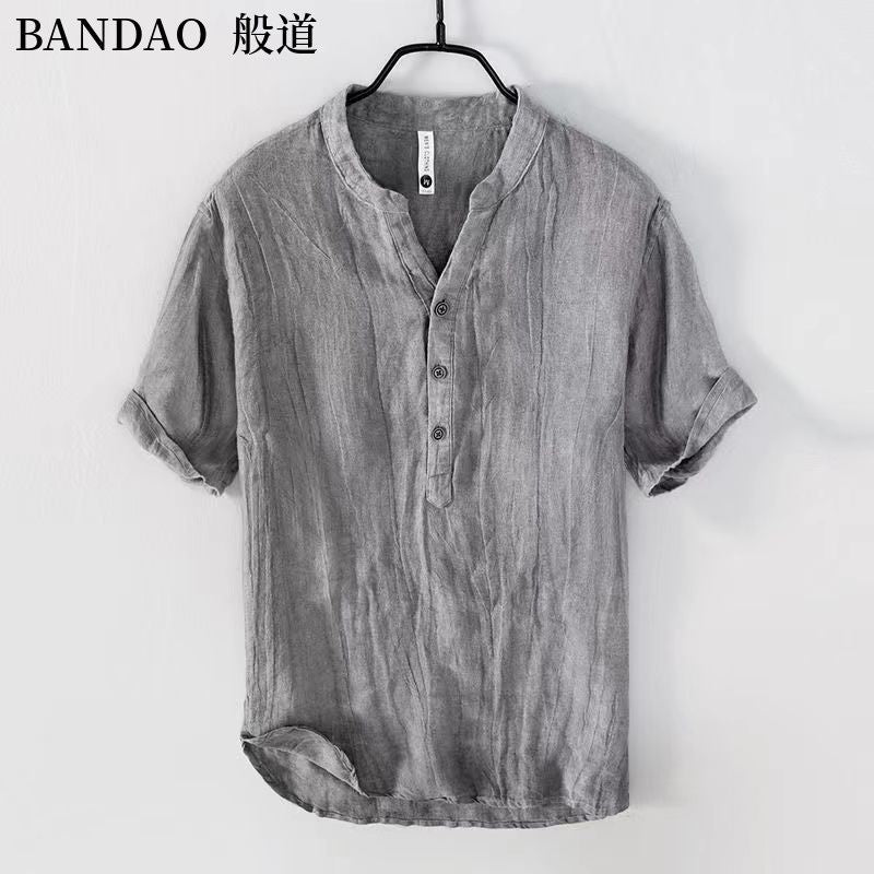 Chinese Style Spring and Summer Loose High-end Men's Linen Short-sleeved Cotton Linen Casual Breathable Shirt Collar T-shirt