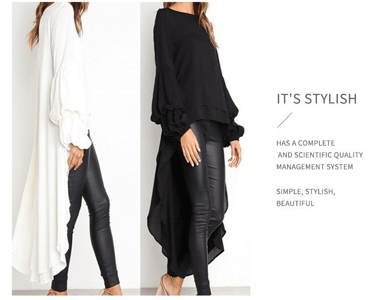 Elegant Solid Color Chiffon Shirts Women O Neck Lantern Sleeves Irregular Long Blouses Tops Temperament Lady Commuting Clothing