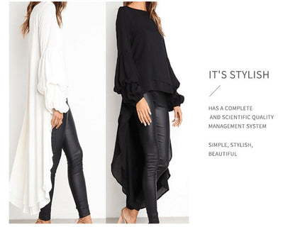 Elegant Solid Color Chiffon Shirts Women O Neck Lantern Sleeves Irregular Long Blouses Tops Temperament Lady Commuting Clothing
