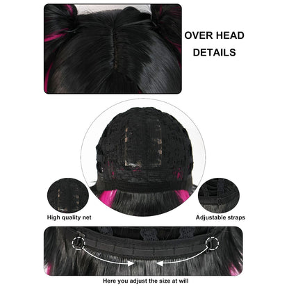 Synthetic Black With Red Double Clip On Ponytails Straight Heat Resistant Han Juri Cosplay Game Anime Character Wig