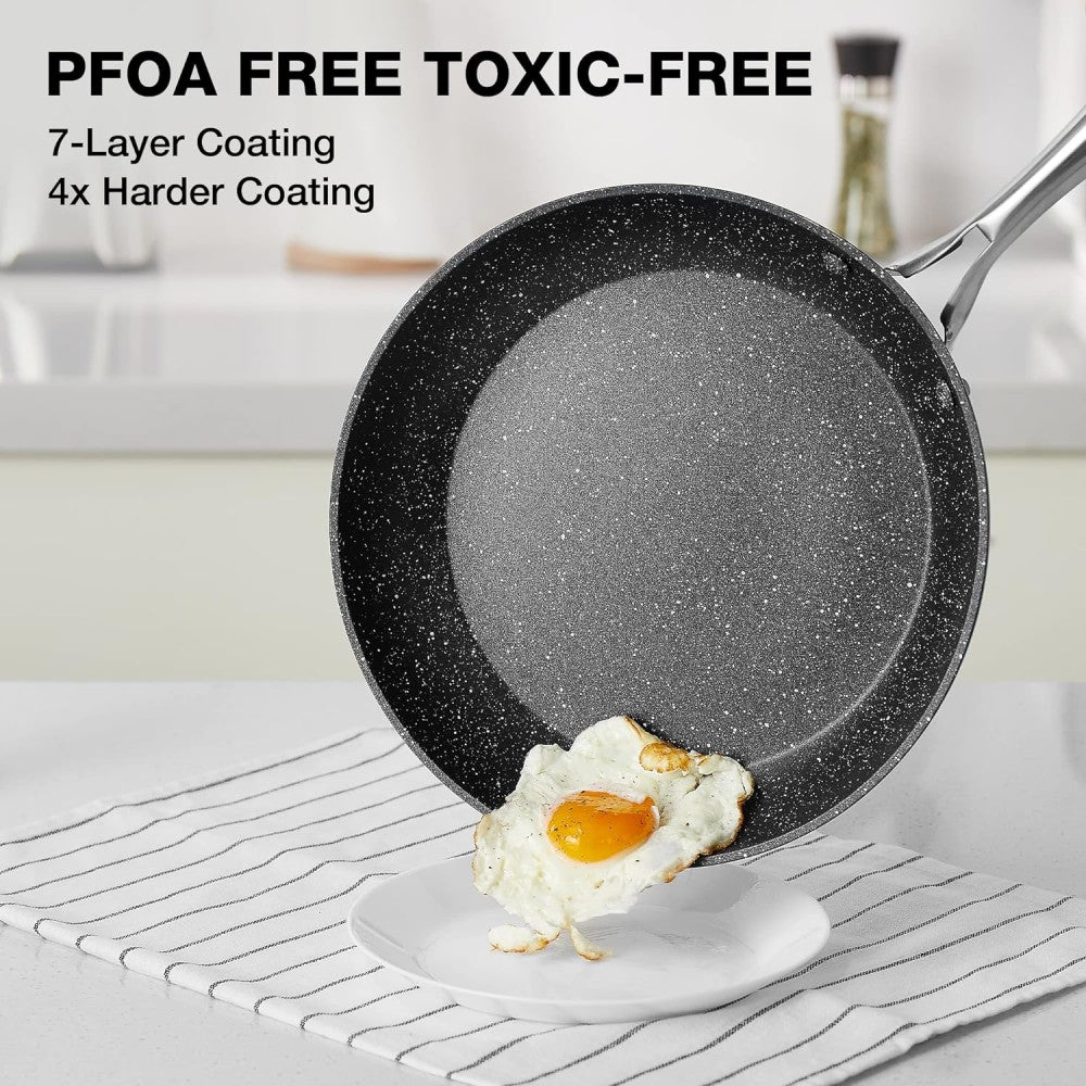 8 Inch Nonstick Frying Pan with Lid, Marble Skillet, Stone-Derived Coating,APEO & PFOA Free, with Heat-Resistant Handle