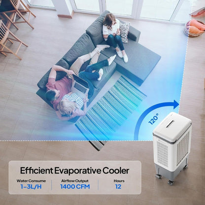 Climatizador Evaporativo ROVSUN 1400CFM com Tanque de Água de 5,2 Gal e 4 Bolsas de Gelo para Uso Interno em Pátios e Garagens - Climatizador Portátil