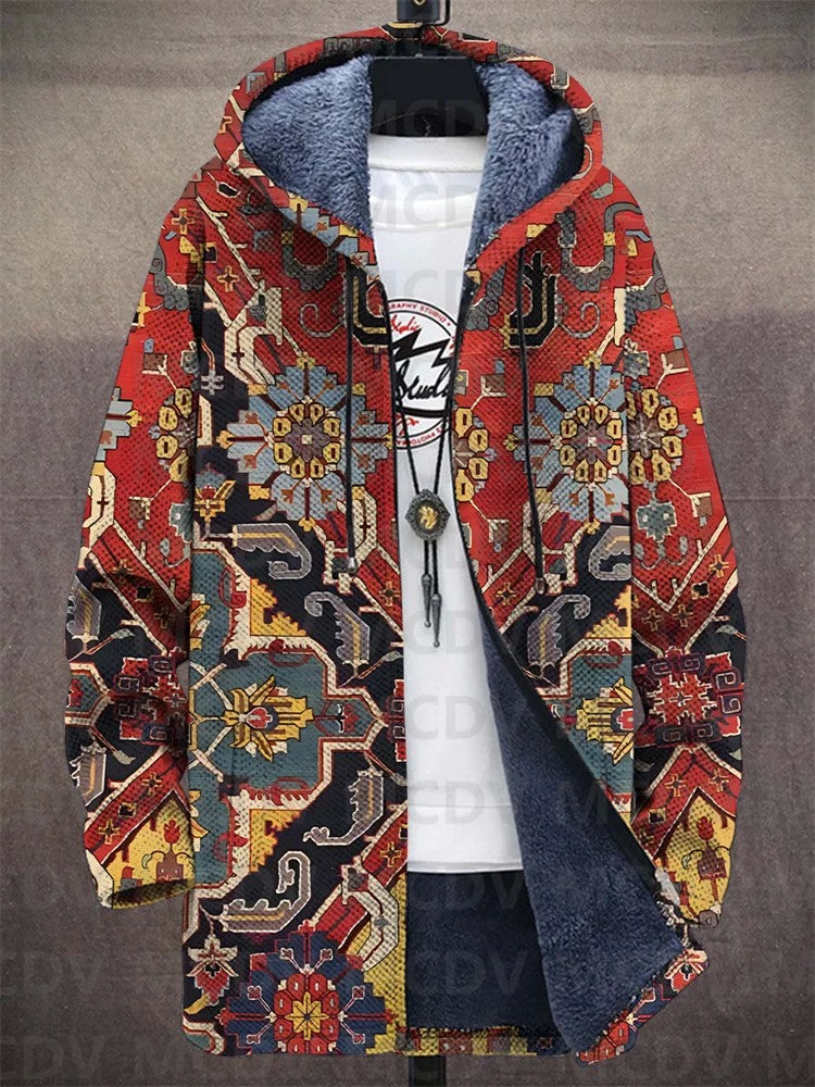 Unisex Retro Ethnic Pattern Print Plush Thick Long-Sleeved Sweater Cardigan Coat