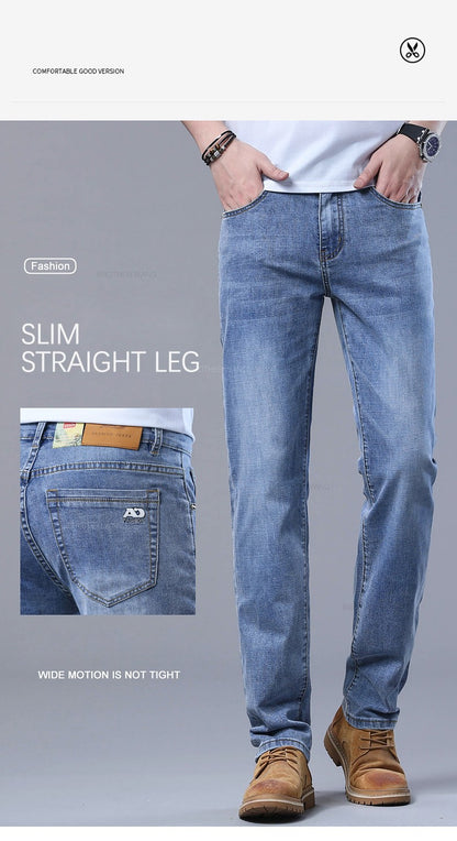 Spring Men's Light Blue Slim Jeans Stylish Casual Stretch Fabric Denim Pants Classic Trousers Smoke Gray