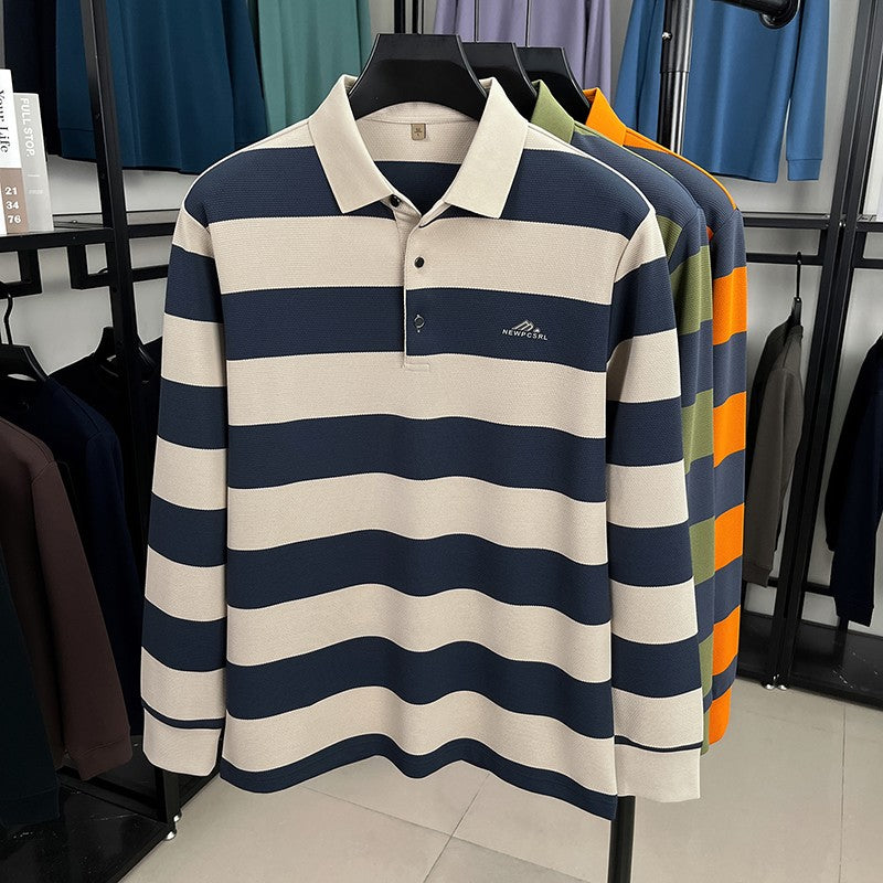Unique stripe color blocked long sleeve polo shirt men high-end trend brand letters embossed spring autumn new comfort T-shirt