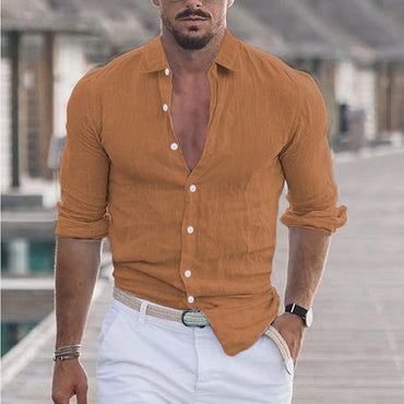Summer Men's Cotton Linen Long Sleeve Casual Shirt Hawaii Fashion Lapel Loose soft comfortable Breathable Solid color Cardigan