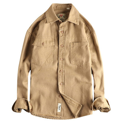 2025 Spring and Autumn New American Retro Woven Twill Cargo Shirt Men's Simple 100% Cotton Washed Double Pocket Causal Blousers