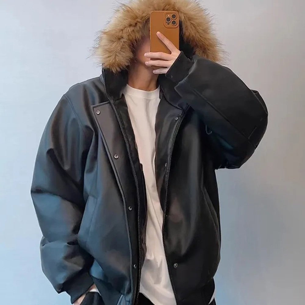 Winter American retro fashion brand handsome all-match warm detachable hat heavy PU leather cotton coat thickened jacket for men