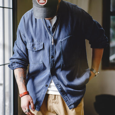 Maden Vintage Denim Shirt for Men's Spring Lightweight CPO Long Sleeve Shirt Lyocell Casual Thin Blue Lapel Collar Blouse