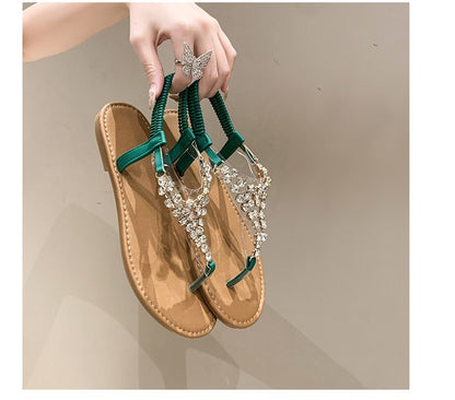 Summer New Flat Transparent Rhinestones Pintoe Women's Sandals, Fashion Casual Light Beach Cool, Shoes Women