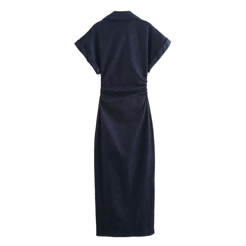 ETJ 2025  Spring New 1975 series denim MIDI dress with lapel side zipper fashion