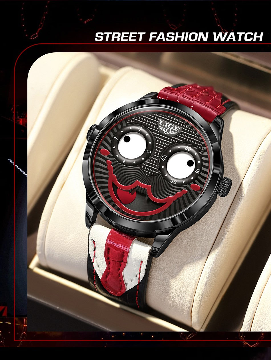 LIGE 2025 Creative Watches For Men Clown Fashion Quartz Wristwatches Waterproof Leather Strap Mens Watch Cool Joker Reloj Hombre