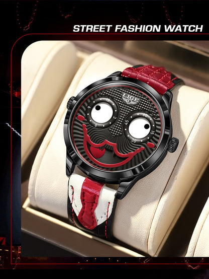 LIGE 2025 Creative Watches For Men Clown Fashion Quartz Wristwatches Waterproof Leather Strap Mens Watch Cool Joker Reloj Hombre