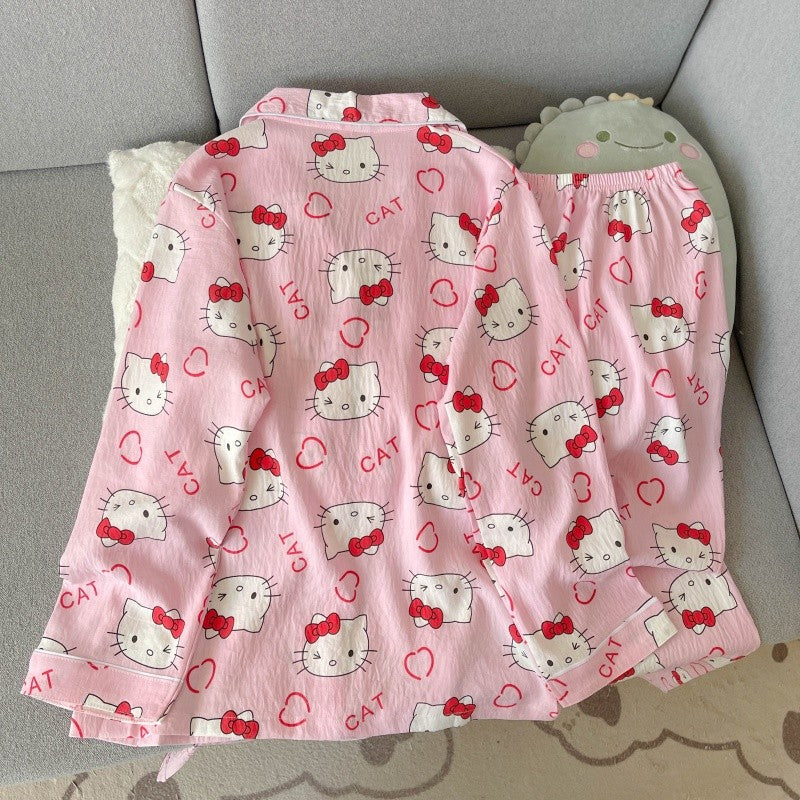 Cartoon Hello Kitty Pajamas Set Women's Autumn Winter Long Sleeve Loungewear Pink Cute Sleepwear Kawaii Soft Homewear Outfit