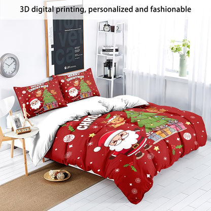 3pcs Santa Claus Christmas Tree Print Coreless Duvet Set Bedroom Dormitory Bedding Decoration Comfortable Machine Washable
