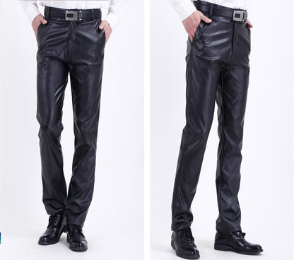 Men's Leather Pants Straight Fit Elastic PU Leather Trousers Motorcycle Pants Thin