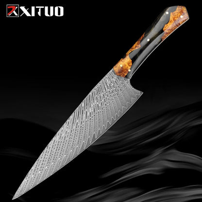 Conjunto de Facas de Chef XITUO Artesanais de Aço Damasco 1-5 peças, Facas de Cozinha Full Tang Extremamente Afiadas Santoku e Faca para Legumes, Cabo Ergonômico