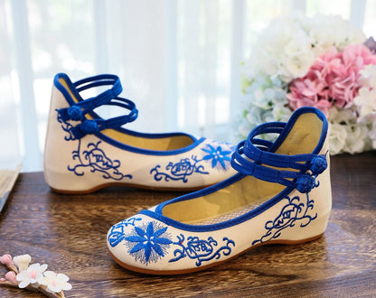 Veowalk Sunflower Embroidered Women Canvas Ballet Flats Ankle Strap Ladies Casual Cotton Chinese Embroidery Ballerina Shoes