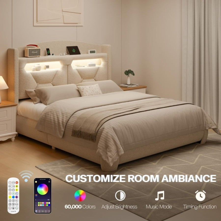 Estrutura de Cama Queen Size com Cabeceira Estofada em Bouclé, Base Plataforma com Armazenamento, Estação de Carregamento, Luzes LED e Espuma Macia