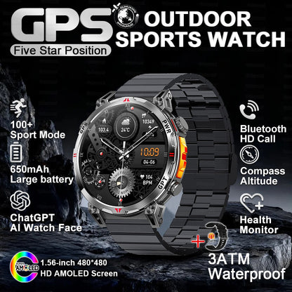 2025 Novo Relógio Inteligente Militar GPS para Exteriores Masculino 650mAh Bússola Altímetro 10ATM à Prova D'água Frequência Cardíaca Chamada Esportiva Smartwatch