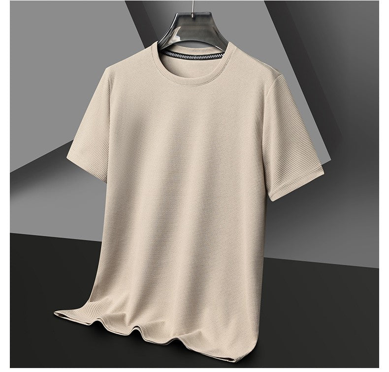 Men's New Summer Waffle round Neck Short Sleeve T-Shirt Comfortable Breathable Short-Sleeved Top for Casual Wear