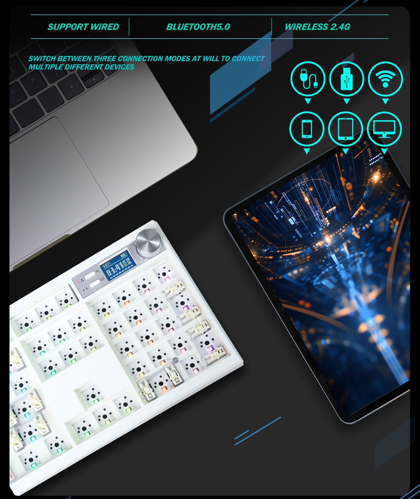 Kit de Teclado Mecânico GMK104 Teclado Gamer de Três Modos Hot Swap Retroiluminado Estrutura Gasket Este VIA com tela de exibição